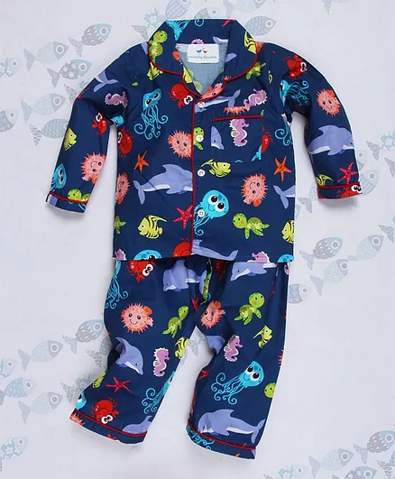 Knitting Doodles Full Sleeves Marine Print Night Suit - Dark Blue