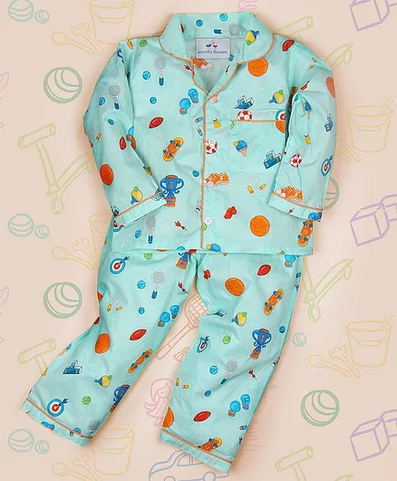 Knitting Doodles Full Sleeves Printed Night Suit - Blue