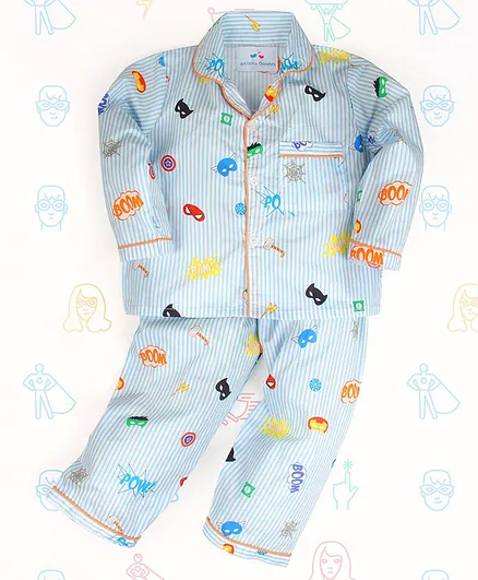 Knitting Doodles Full Sleeves Striped Night Suit - Blue