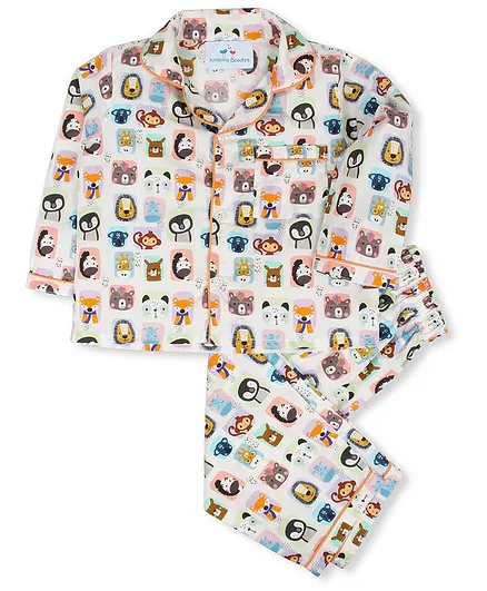 Knitting Doodles Full Sleeves Animals Print Night Suit - White