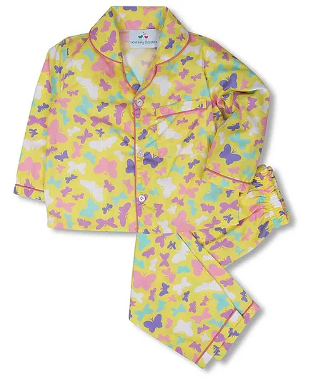 Knitting Doodles Full Sleeves Butterfly Print Night Suit - Multicolor