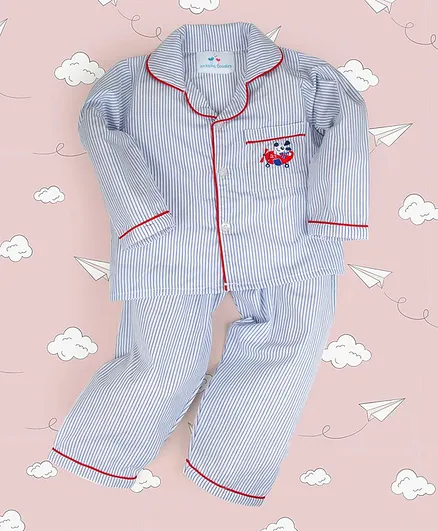 Knitting Doodles Full Sleeves Striped Night Suit With Dog In A Plane Embroidery On Pocket - Blue & White