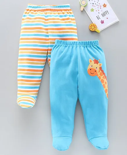Babyhug Full Length Striped & Printed Bootie Leggings Pack of 2 - Blue