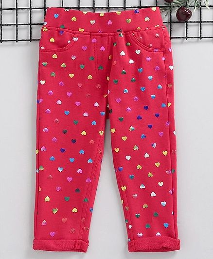 Little Kangaroos Full Length Jeggings Heart Print - Coral Red