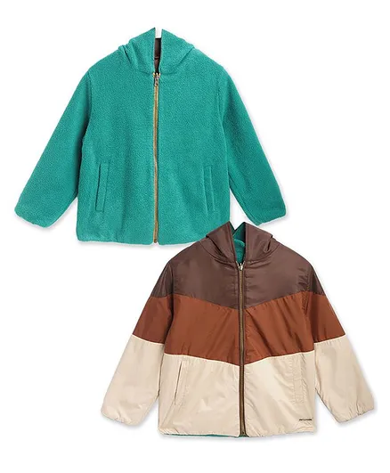 Cherry Crumble By Nitt Hyman Full Sleeves Solid Colour Hooded Jacket - Green & Brown