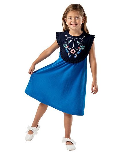Cherry Crumble By Nitt Hyman Cap Sleeves Bird Embroidery Detailing Dress - Blue