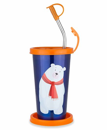 Falcon Steel Straw Sipper Glass With Lid We Bare Bears Print Blue Orange - 370 ml