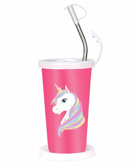 Falcon Steel Straw Sipper Glass With Lid Roll No 21 Print Blue Green - 370 ml