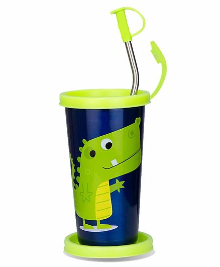 Falcon Steel Straw Sipper Glass With Lid Roll No 21 Print Blue Green - 370 ml