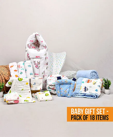 Mom's Home 18 Piece Muslin Baby Gift Set - Blue White
