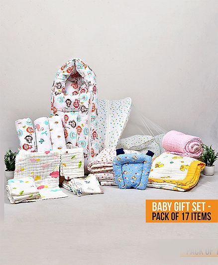 Mom's Home 17 Piece Muslin Baby Gift Set - Blue White