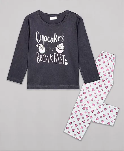 Sheer Love Cupcakes For Breakfast Printed Full Sleeves Night Suit - Grey