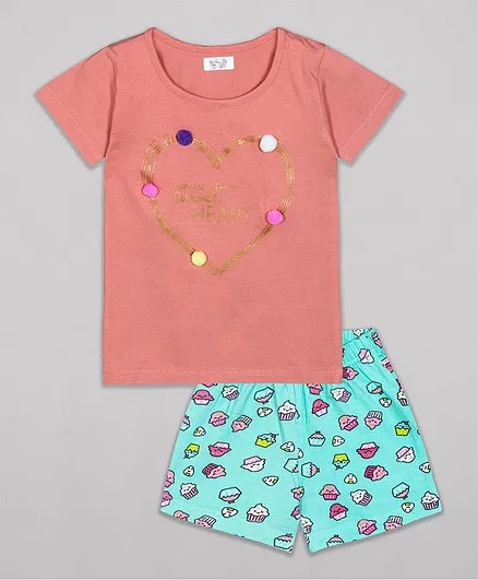 Sheer Love Short Sleeves Mommy's Sweetheart Print Night Suit - Peach