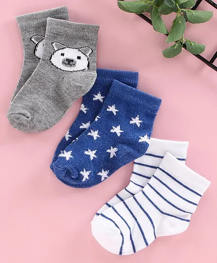 Cute Walk by Babyhug Multi Design Ankle Length Socks Set of 3 Pairs - Blue Grey