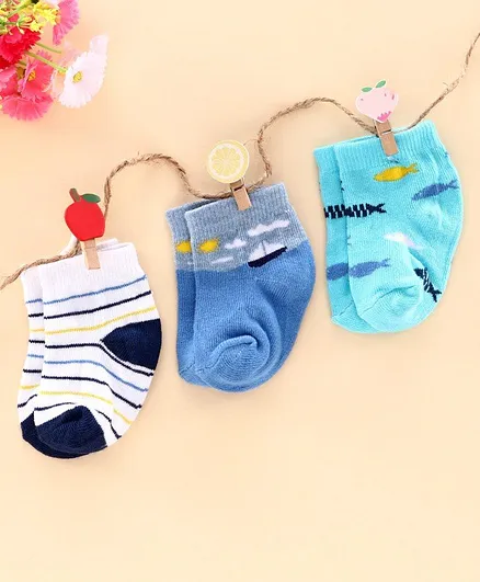 Cutewalk By Babyhug Anti-Bacterial Ankle Length Socks Pack of 3 - Blue