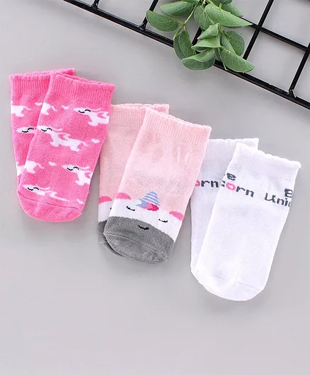 Cute Walk By Babyhug Antibacterial Ankle Length Socks Set of 3 - Pink White