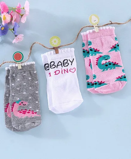 Cutewalk By Babyhug Anti Bacterial Ankle Length Socks Dino Design Pack of 3 - Grey Pink