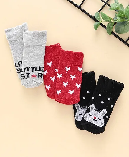 Cute Walk by Babyhug Multi Design Ankle Length Socks Set of 3 Pairs - Red Black Grey