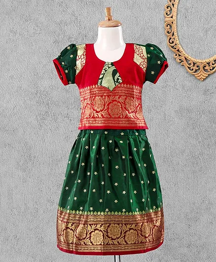 Bhartiya Paridhan Puff Sleeves Choli & Lehenga Floral Embroidery - Red Green