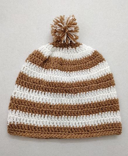 Knit Masters Striped Pattern Pom Pom Cap - Biege & White