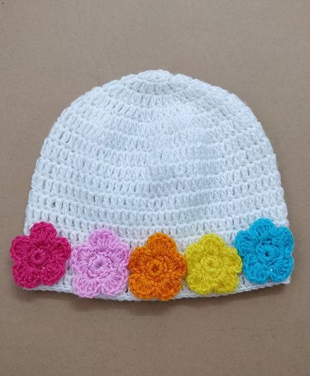 Knit Masters Flower Applique Cap - White & Multicolour
