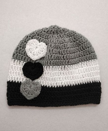 Knit Masters Colour Block Pattern Heart Applique Cap - Grey & White