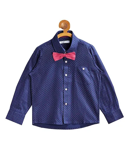 Campana Full Sleeves Printed Shirt With Attached Bow Tie - Navy Blue & Pink