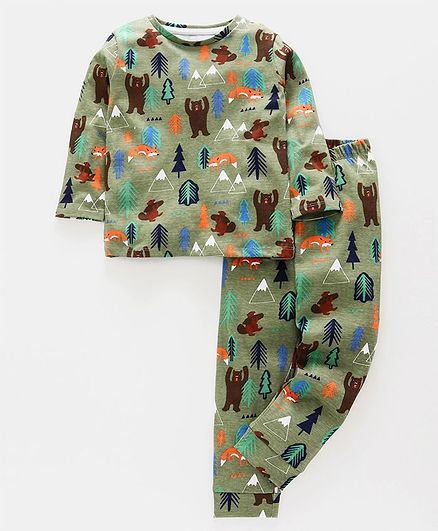 Ventra Full Sleeves Bear Printed Night Suit - Green
