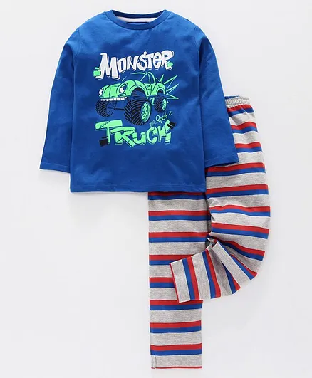 Ventra Full Sleeves Monster Truck Printed Night Suit - Blue