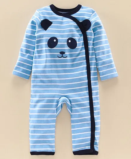 Babyoye Full Length Cotton Romper Panda Print Striped - Blue