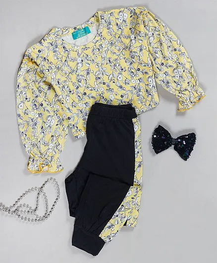 Tiara Full Sleeves Flower Print Crop Top With Pant - Yellow