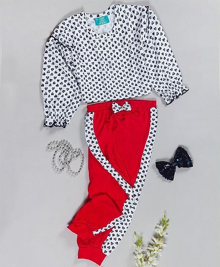 Tiara Full Sleeves Heart Print Crop Top With Pant - White & Pink