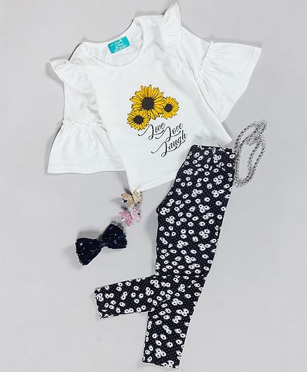 Tiara Half Sleeves Sunflower Print Top With Printed Legging - Yellow