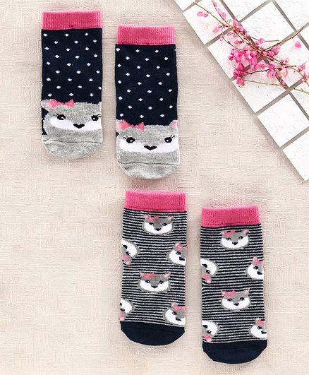 Cutewalk By Babyhug Anti Bacterial Ankle Length Socks Fox Design Pack of 2 - Grey Blue