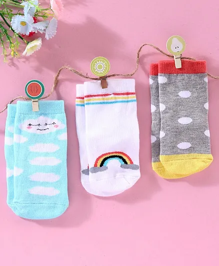 Cute Walk by Babyhug Anti Bacterial Stripe Ankle Length Socks Cloud & Rainbow Design Pack of 3 - Blue White Grey