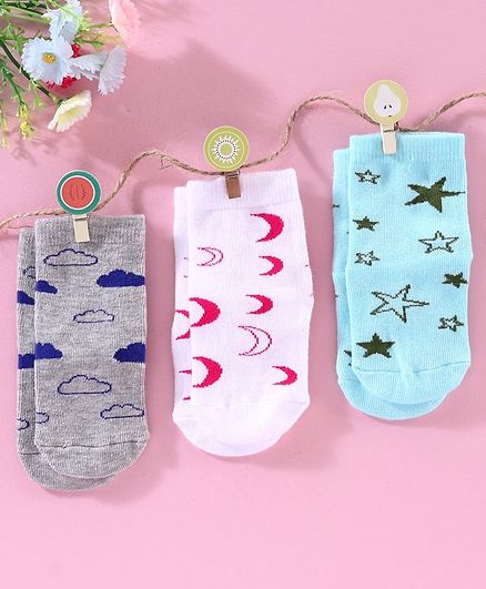 Cute Walk by Babyhug Anti Bacterial Ankle Length Socks Multidesign Design Pack of 3 - Grey White Aqua Blue