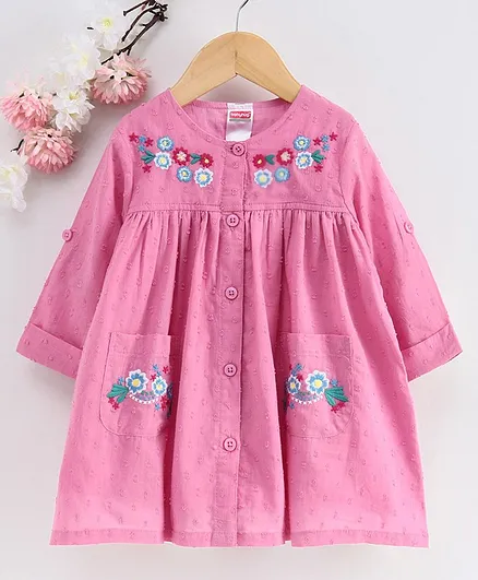Babyhug Full Sleeves Frock Floral Embroidered - Pink