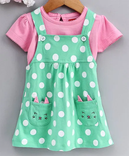 Babyhug Dungaree Style Frock With Half Sleeves Tee Polka Dot Print - Pink Green
