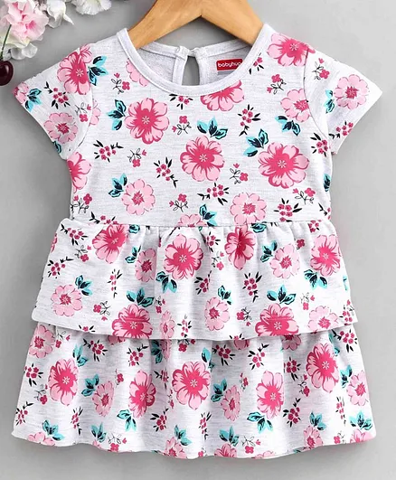 Babyhug Knee Length Frock Floral Print - Grey Pink