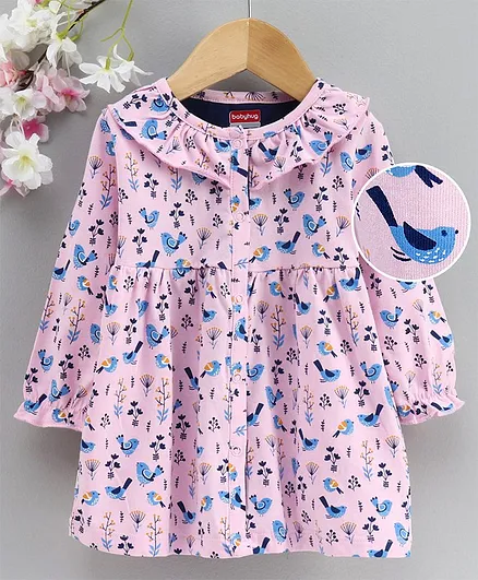 Babyhug Front Open Frock Allover Bird Print - Pink