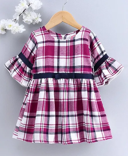 Babyhug Knee Length Frock Checks Print - Blue Pink