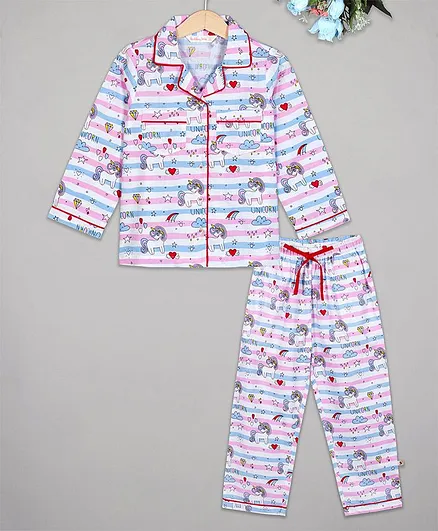 Budding Bees Full Sleeves Unicorn Printed Night Suit - Multicolor