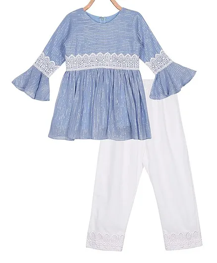 Neha Gursahani Full Bell Sleeves Zari Work Kurti With Embroidered Hem Salwar - Blue White