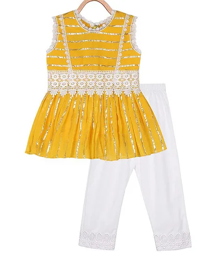 Neha Gursahani Sleeveless Floral Lace Detailed Zari Work Kurti With Salwar - Yellow