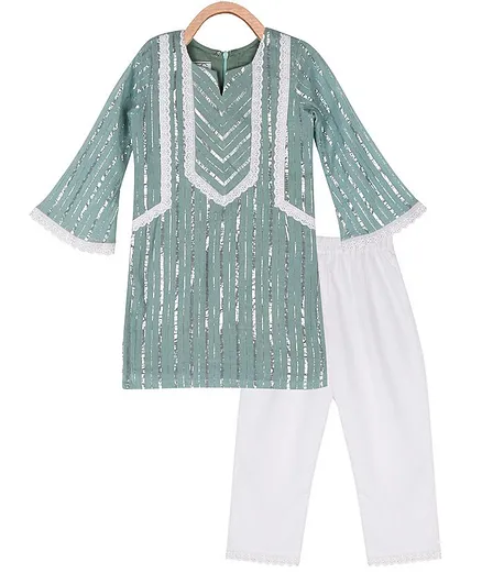 Neha Gursahani Full Bell Sleeves Zari Work Kurti With Floral Lace Hem Salwar - Green