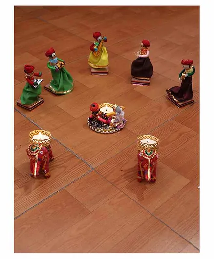 Passion Petals Diwali Flowers Rangoli and Rajasthani Puppets With Elephant T Light Holders & Lights - Multicolor
