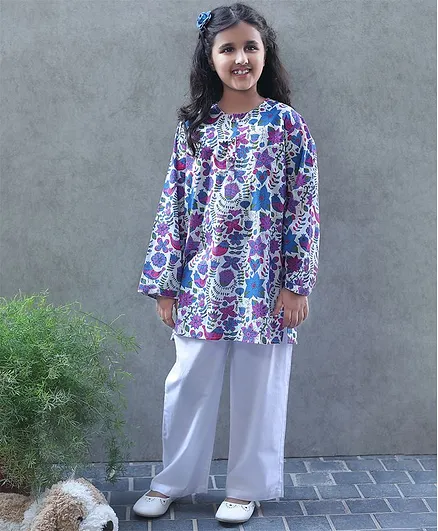Bellazaara Full Sleeves Floral Print Kurti With Pajama - Blue