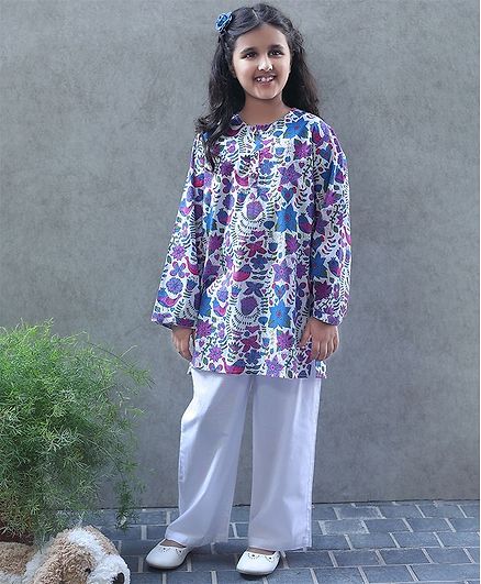 Bellazaara Full Sleeves Floral Print Kurti With Pajama - Blue