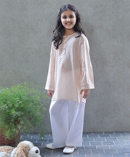 Bellazaara Full Sleeves Polka Dot Print Kurti With Pajama - Peach