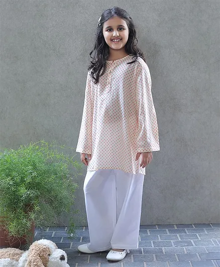 Bellazaara Full Sleeves Polka Dot Print Kurti With Pajama - Peach
